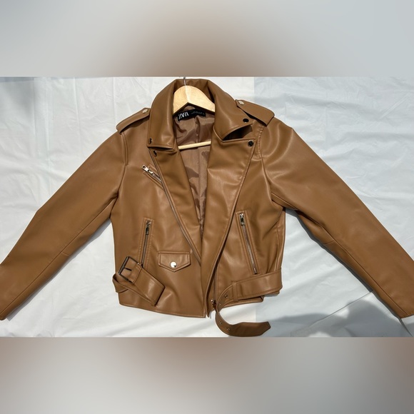 Zara bloggers favourite Women Faux Leather Biker Jacket Light Camel Size L - Picture 9 of 15